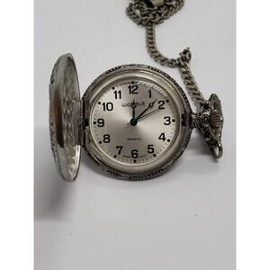 Watch it men's pocket watch. Train design on cover. Working watch